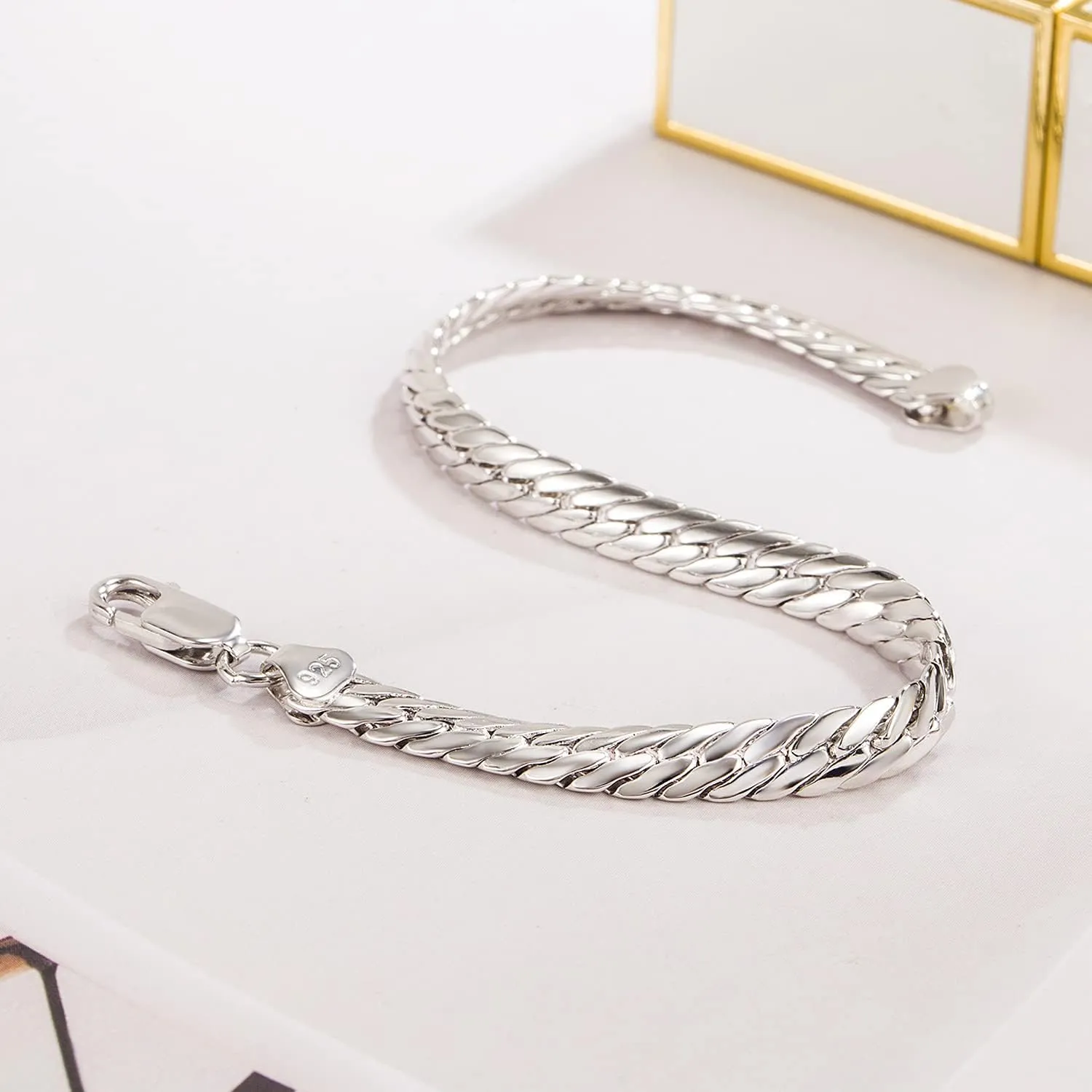H&Beautimer Fashion 925 Sterling Silver Flat Snake Chain Bracelet Men Golden 6mm-7 "8" 9" Curb Cuban Solid Link Bangle Jewelry Gift