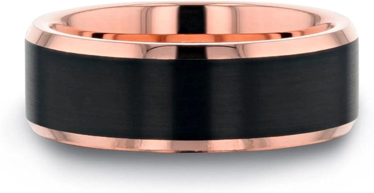 HAYDEN | Tungsten Rings for Men | Tungsten | Comfort Fit | Custom Engraving | Rose Gold Plated Tungsten Polished Beveled Wedding Ring Band with Brushed Black Center - 6mm & 8mm