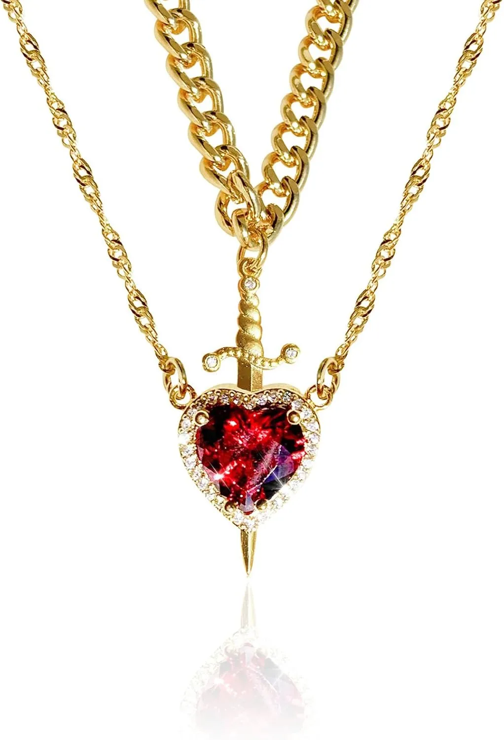 Heart and Sword Couples Necklace Gold Stainless Steel Pink Heart Zirconia Chain Trendy Matching Sword Through Heart Necklace Set Romantic Necklaces for friend Couple