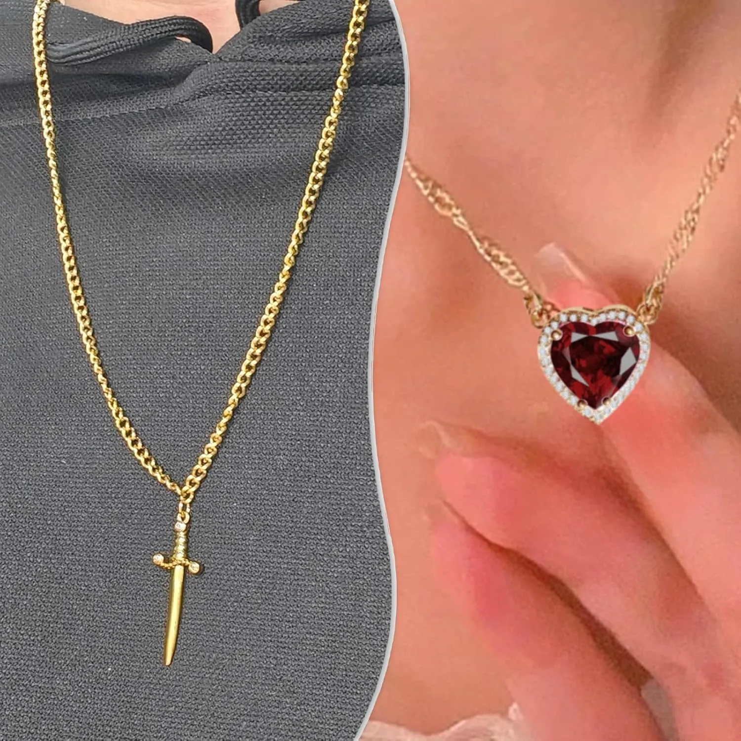 Heart and Sword Couples Necklace Gold Stainless Steel Pink Heart Zirconia Chain Trendy Matching Sword Through Heart Necklace Set Romantic Necklaces for friend Couple