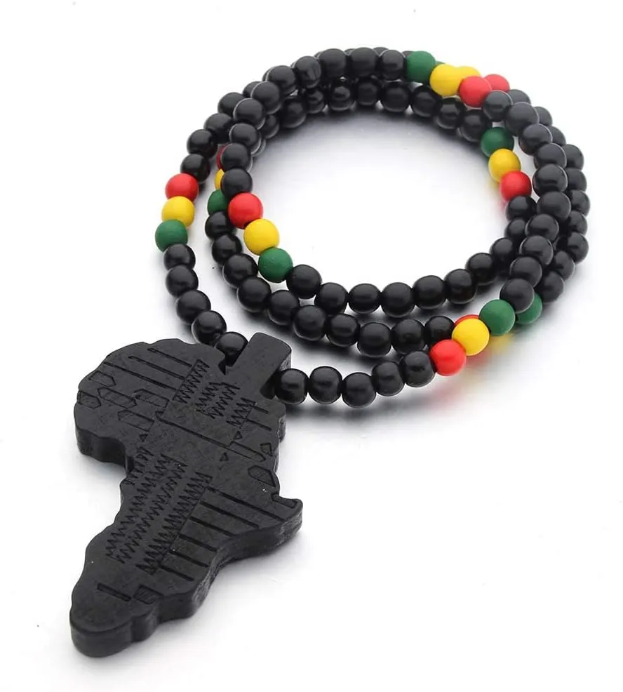 Hip-Hop Natural Wood African Map Pendant 8MM Wooden Bead Chain Rosary Necklaces for Men Women-Brown African Map