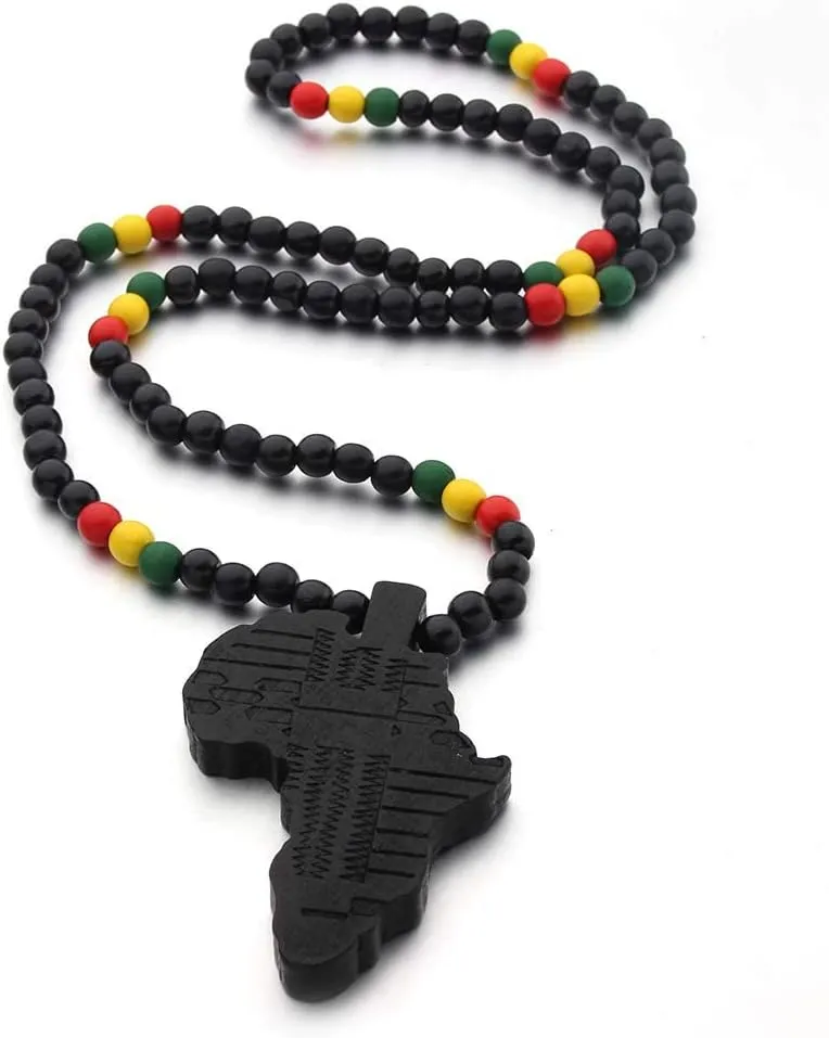 Hip-Hop Natural Wood African Map Pendant 8MM Wooden Bead Chain Rosary Necklaces for Men Women-Brown African Map