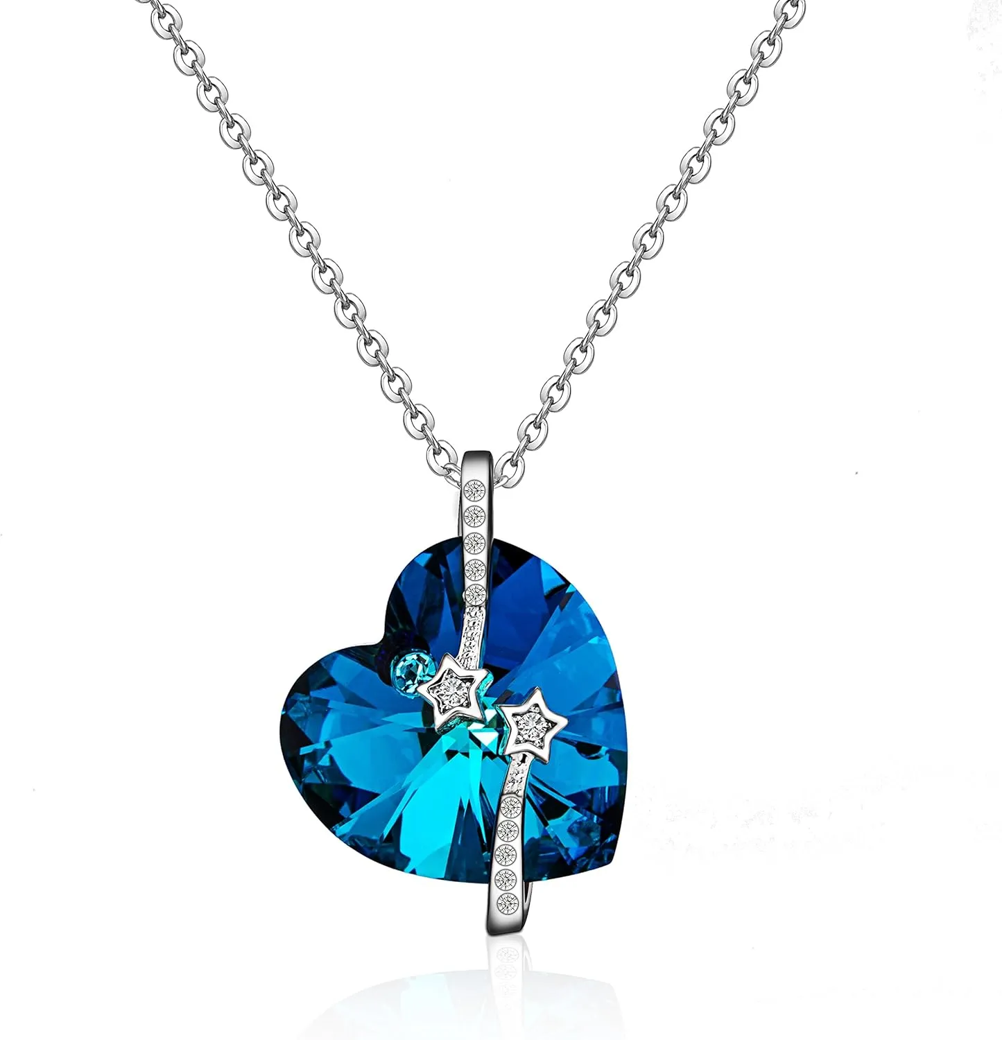 Hoobeads Blue Ocean Heart Pendants Necklace with Austrian Crystal 925 Sterling Silver Women Jewelry for Christmas (B)