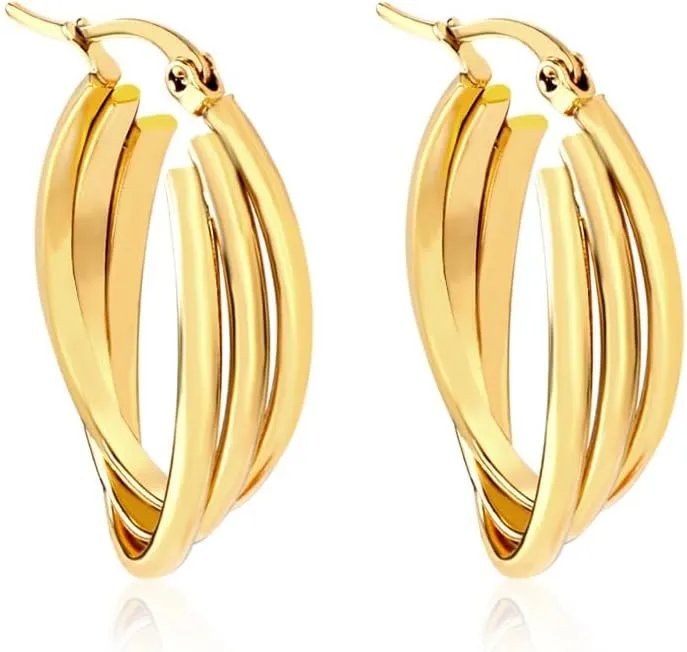Hoop Earrings for Women Sleek 18K Gold Plated Earrings, Triple Barrel Twist Design, Hypoallergenic Earrings for Women, 35mm