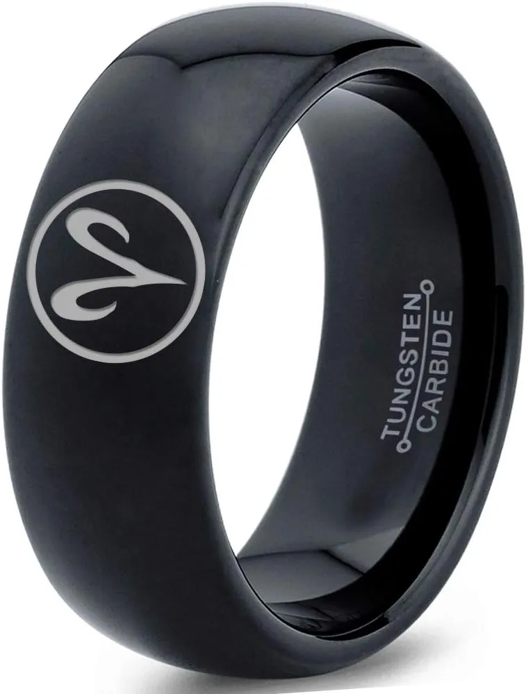 Horoscope Zodiac Astrology Aries Ring - Tungsten Band 8mm - Men - Women - 18k Rose Gold Step Bevel Edge - Yellow - Grey - Blue - Black - Brushed - Polished - Wedding -Dome Flat Cut
