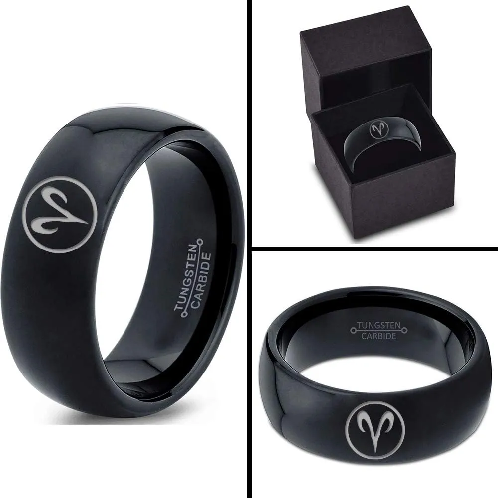 Horoscope Zodiac Astrology Aries Ring - Tungsten Band 8mm - Men - Women - 18k Rose Gold Step Bevel Edge - Yellow - Grey - Blue - Black - Brushed - Polished - Wedding -Dome Flat Cut