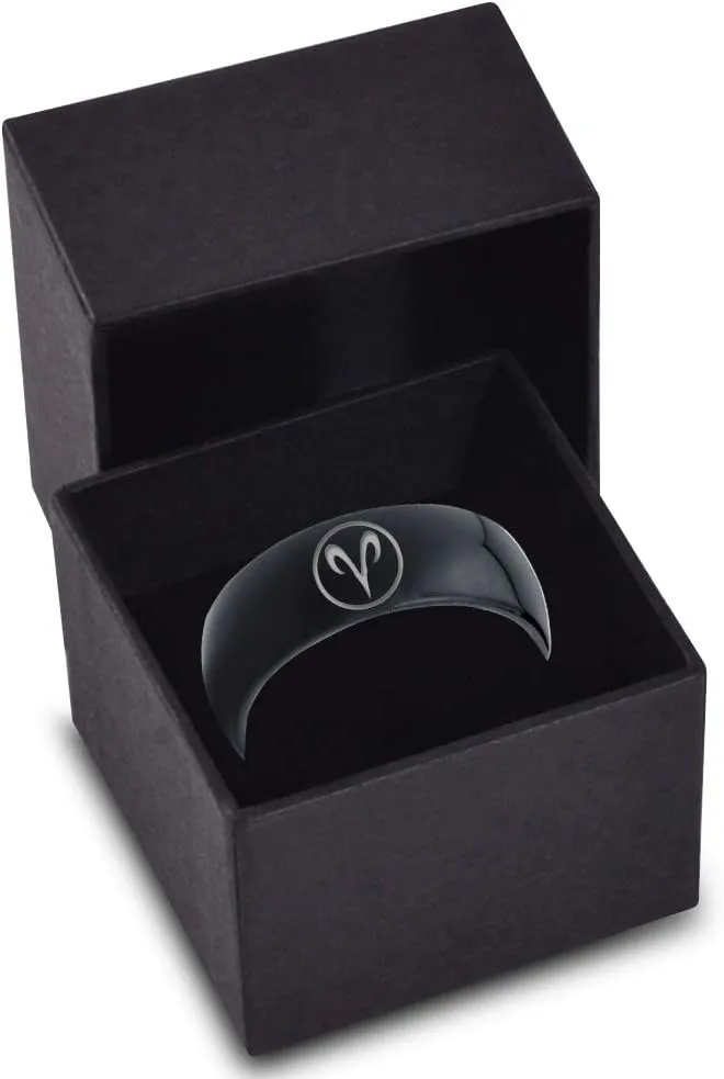 Horoscope Zodiac Astrology Aries Ring - Tungsten Band 8mm - Men - Women - 18k Rose Gold Step Bevel Edge - Yellow - Grey - Blue - Black - Brushed - Polished - Wedding -Dome Flat Cut