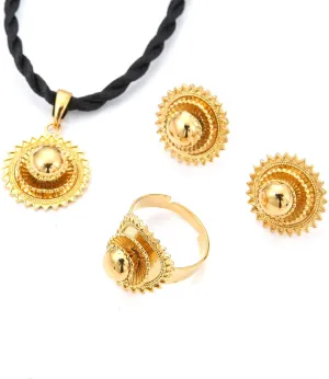 Huangshanshan Necklace Pendants Earrings Ring Set Gold Filled Plated Jewelry African Ethiopia Flower Jewelry Set