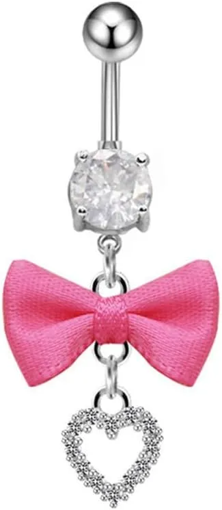 Hypoallergenic G23 Titanium Belly Button Ring for Women Cute 14G Pink Bowknot Heart Dangle Belly Navel Rings Dangling Navel Piercing Jewelry