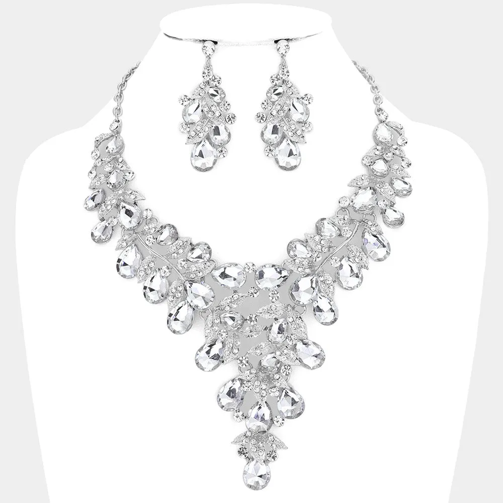 iLLASPARKZ Leaf Teardrop Stone Cluster Statement Evening Necklace