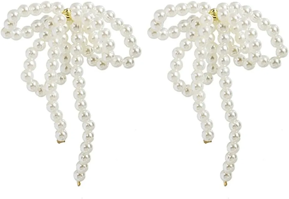 Imitation Pearl Bowknot Studs Earrings for Women Elegant Tassels Ear Studs Handmade Beaded Statement Earrings Jewelry