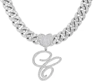 Initial Necklaces Silver Cuban Link Chain for Women Iced Out Chain with Heart Letter Pendants Custom Chain Name Necklace Hip Hop Jewelry Gift