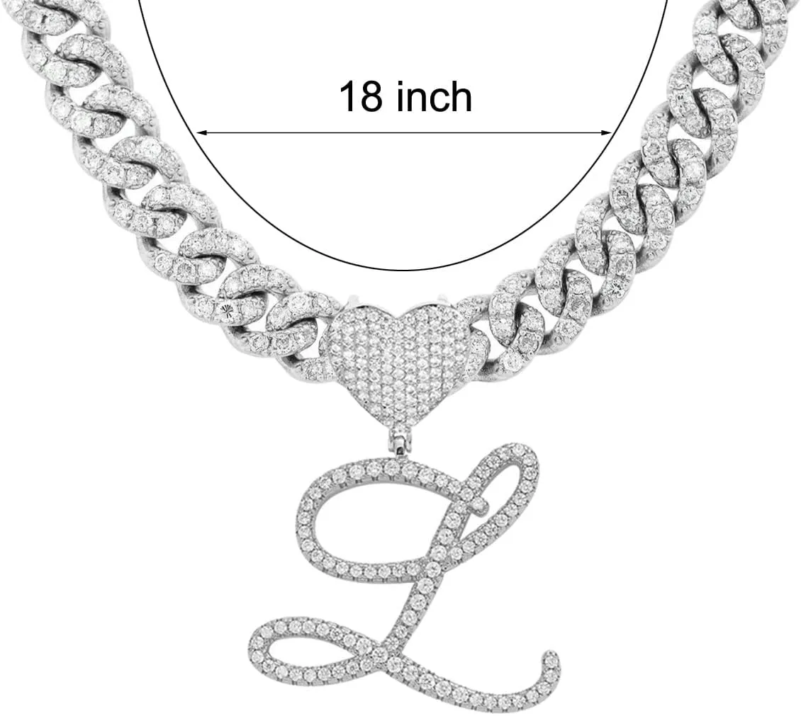Initial Necklaces Silver Cuban Link Chain for Women Iced Out Chain with Heart Letter Pendants Custom Chain Name Necklace Hip Hop Jewelry Gift