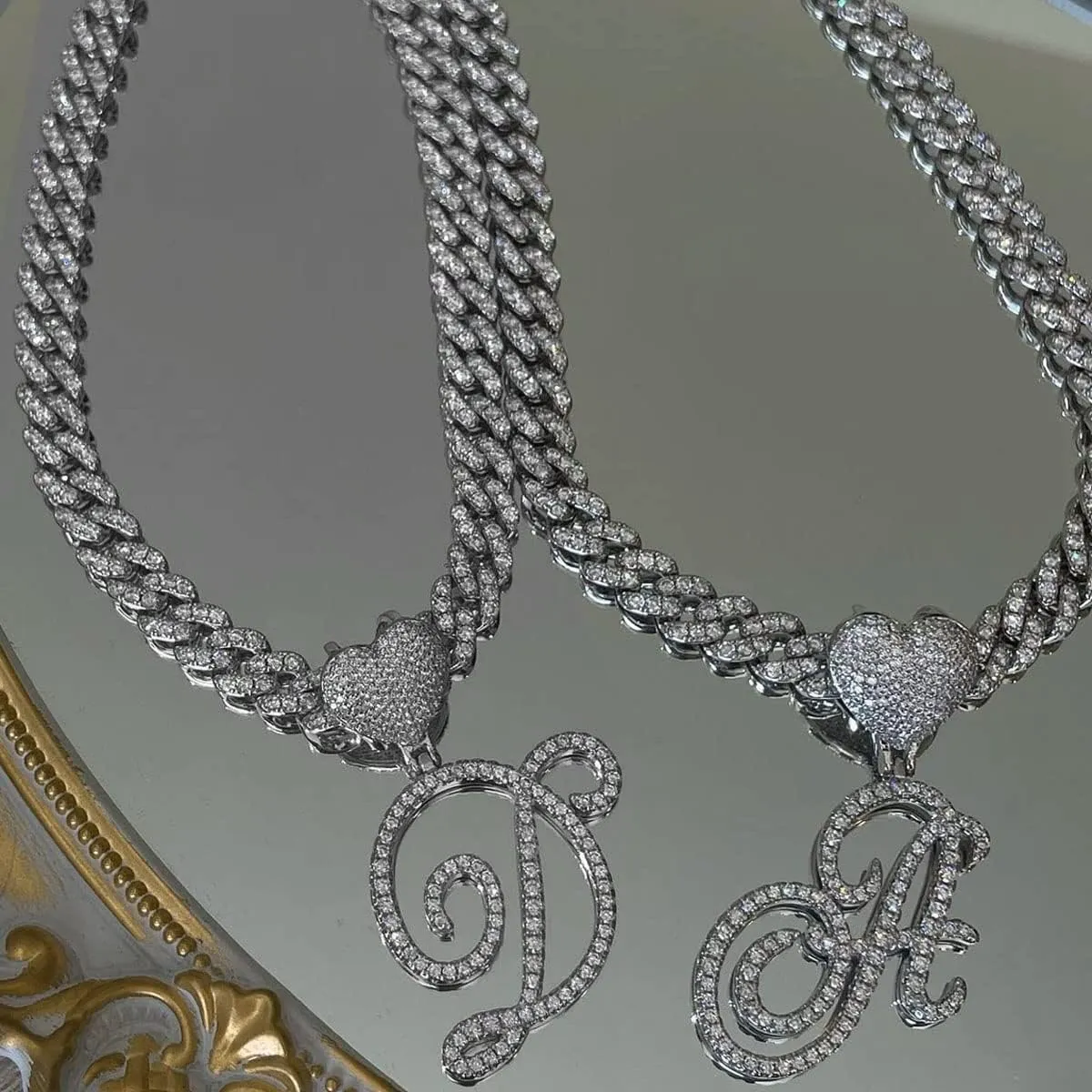 Initial Necklaces Silver Cuban Link Chain for Women Iced Out Chain with Heart Letter Pendants Custom Chain Name Necklace Hip Hop Jewelry Gift