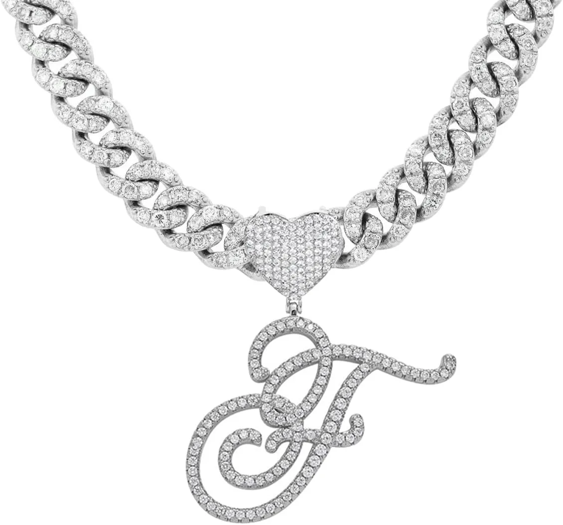 Initial Necklaces Silver Cuban Link Chain for Women Iced Out Chain with Heart Letter Pendants Custom Chain Name Necklace Hip Hop Jewelry Gift