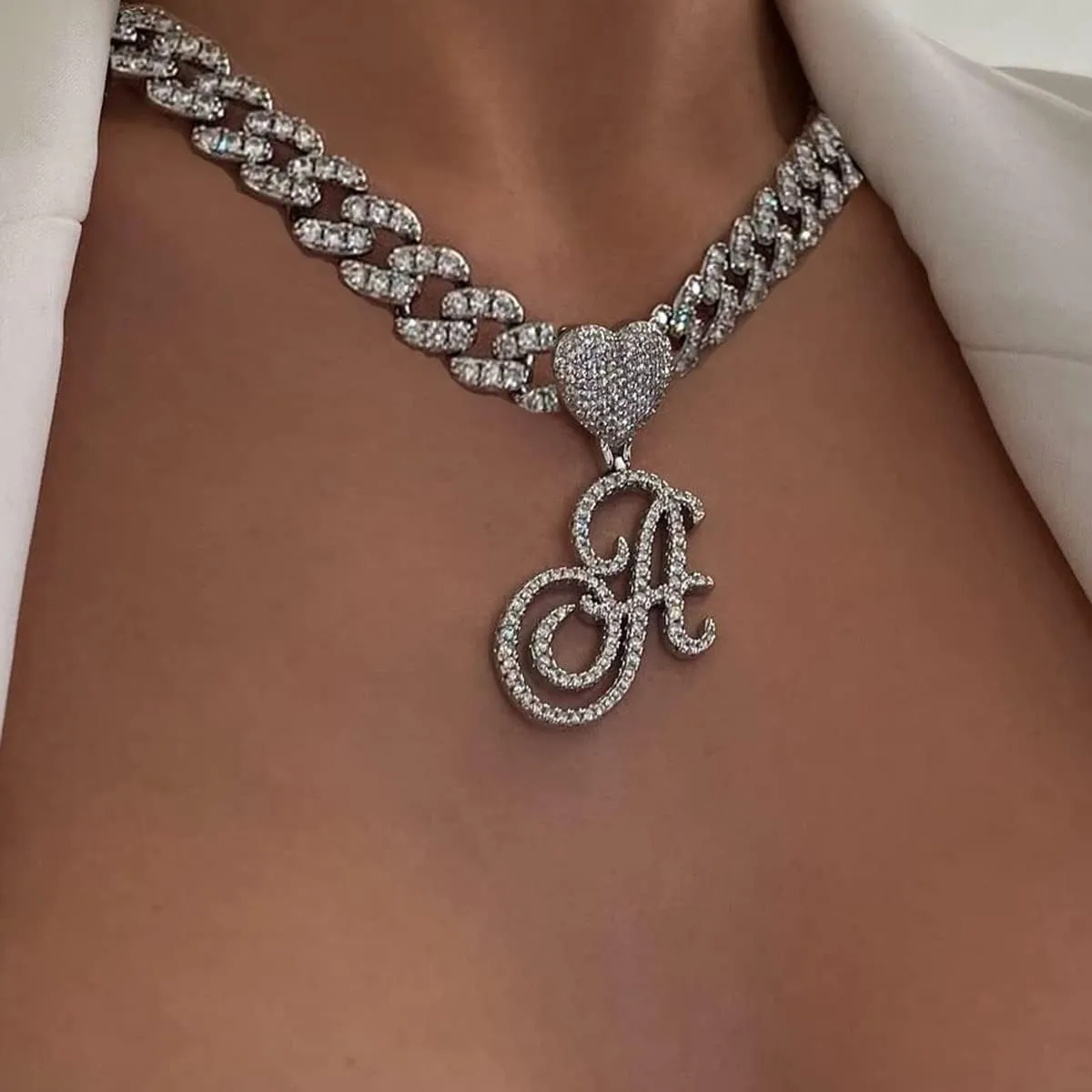 Initial Necklaces Silver Cuban Link Chain for Women Iced Out Chain with Heart Letter Pendants Custom Chain Name Necklace Hip Hop Jewelry Gift