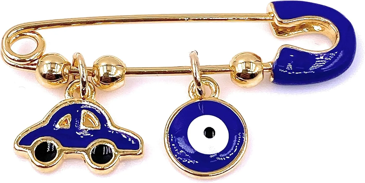 It's A Boy 18K Gold Plated Brooch Pin for Baby Blue Evil Eye & Tiny Car Pendants Cute Jewelry