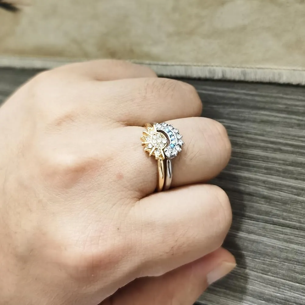 JczR.Y Sun And Moon Ring Set Size 6-11 Celestial Sun Moon Crescent Ring Set Gold Silver Shiny Sun Ring Blue Moon Ring for Women Men Fashion Rhinestone Crystal Rings Set Jewelry Gift