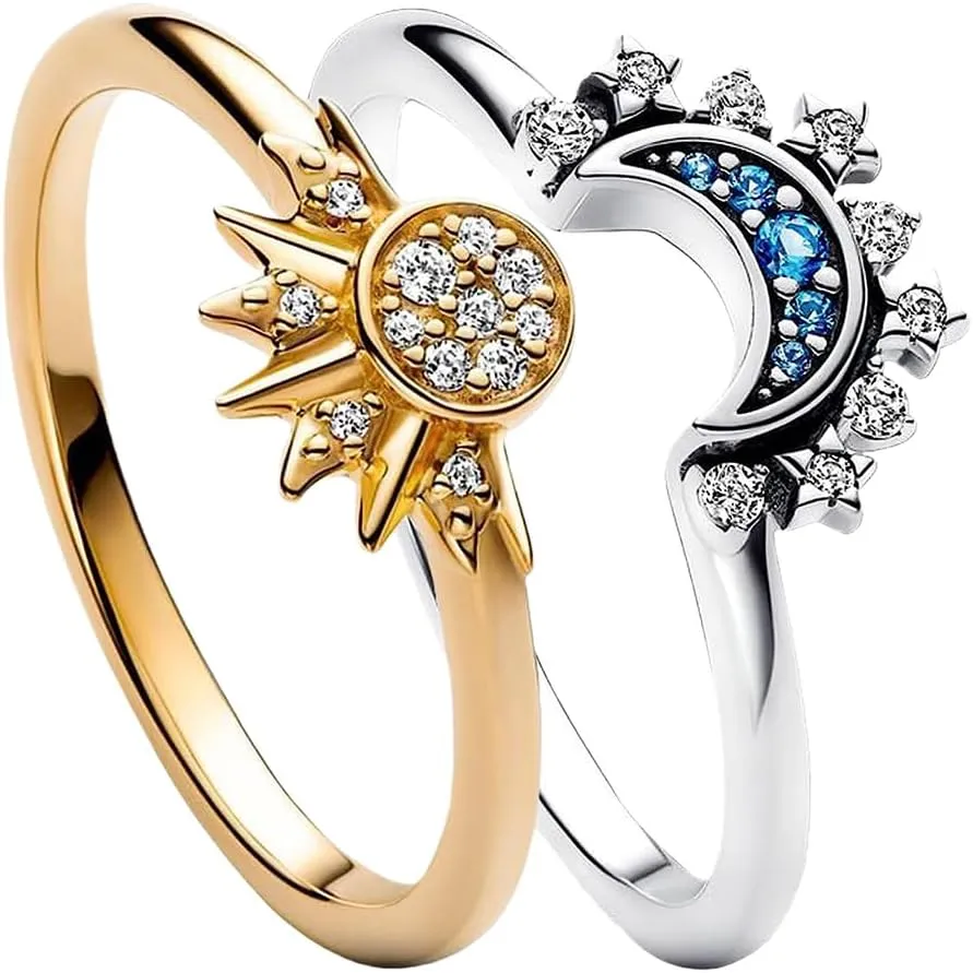 JczR.Y Sun And Moon Ring Set Size 6-11 Celestial Sun Moon Crescent Ring Set Gold Silver Shiny Sun Ring Blue Moon Ring for Women Men Fashion Rhinestone Crystal Rings Set Jewelry Gift