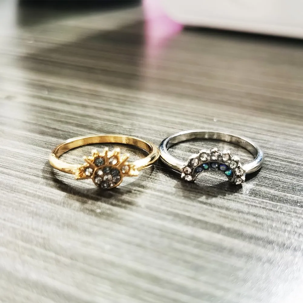 JczR.Y Sun And Moon Ring Set Size 6-11 Celestial Sun Moon Crescent Ring Set Gold Silver Shiny Sun Ring Blue Moon Ring for Women Men Fashion Rhinestone Crystal Rings Set Jewelry Gift