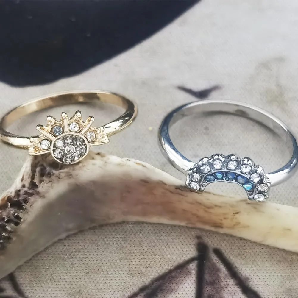 JczR.Y Sun And Moon Ring Set Size 6-11 Celestial Sun Moon Crescent Ring Set Gold Silver Shiny Sun Ring Blue Moon Ring for Women Men Fashion Rhinestone Crystal Rings Set Jewelry Gift