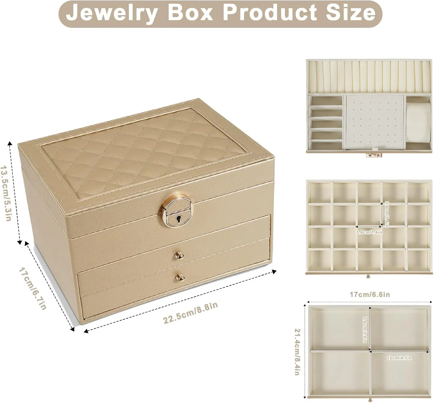 Jewelry Box for Women Girl Wife 3 Layers Large PU Leather Jewelry Organizer Storage Case with Two drawers Display for Earrings Bracelets Rings Watches (Champagne)