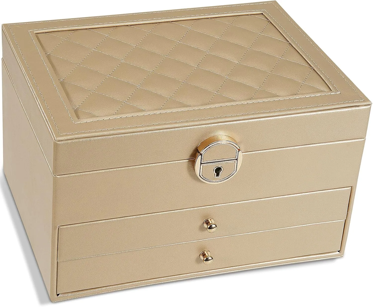 Jewelry Box for Women Girl Wife 3 Layers Large PU Leather Jewelry Organizer Storage Case with Two drawers Display for Earrings Bracelets Rings Watches (Champagne)