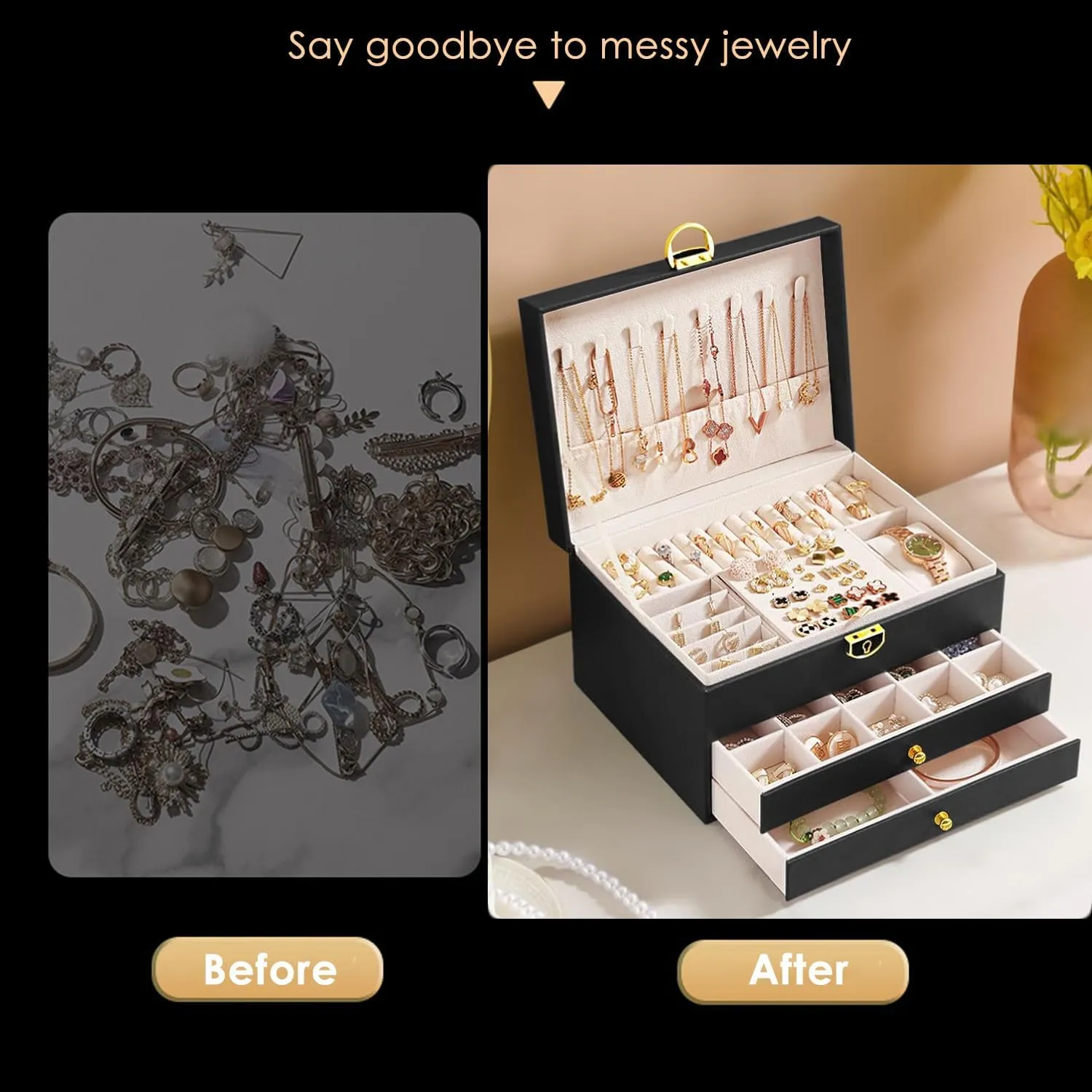 Jewelry Box for Women Girl Wife 3 Layers Large PU Leather Jewelry Organizer Storage Case with Two drawers Display for Earrings Bracelets Rings Watches (Champagne)