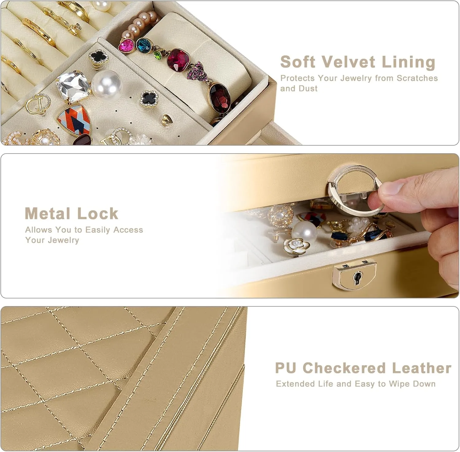 Jewelry Box for Women Girl Wife 3 Layers Large PU Leather Jewelry Organizer Storage Case with Two drawers Display for Earrings Bracelets Rings Watches (Champagne)