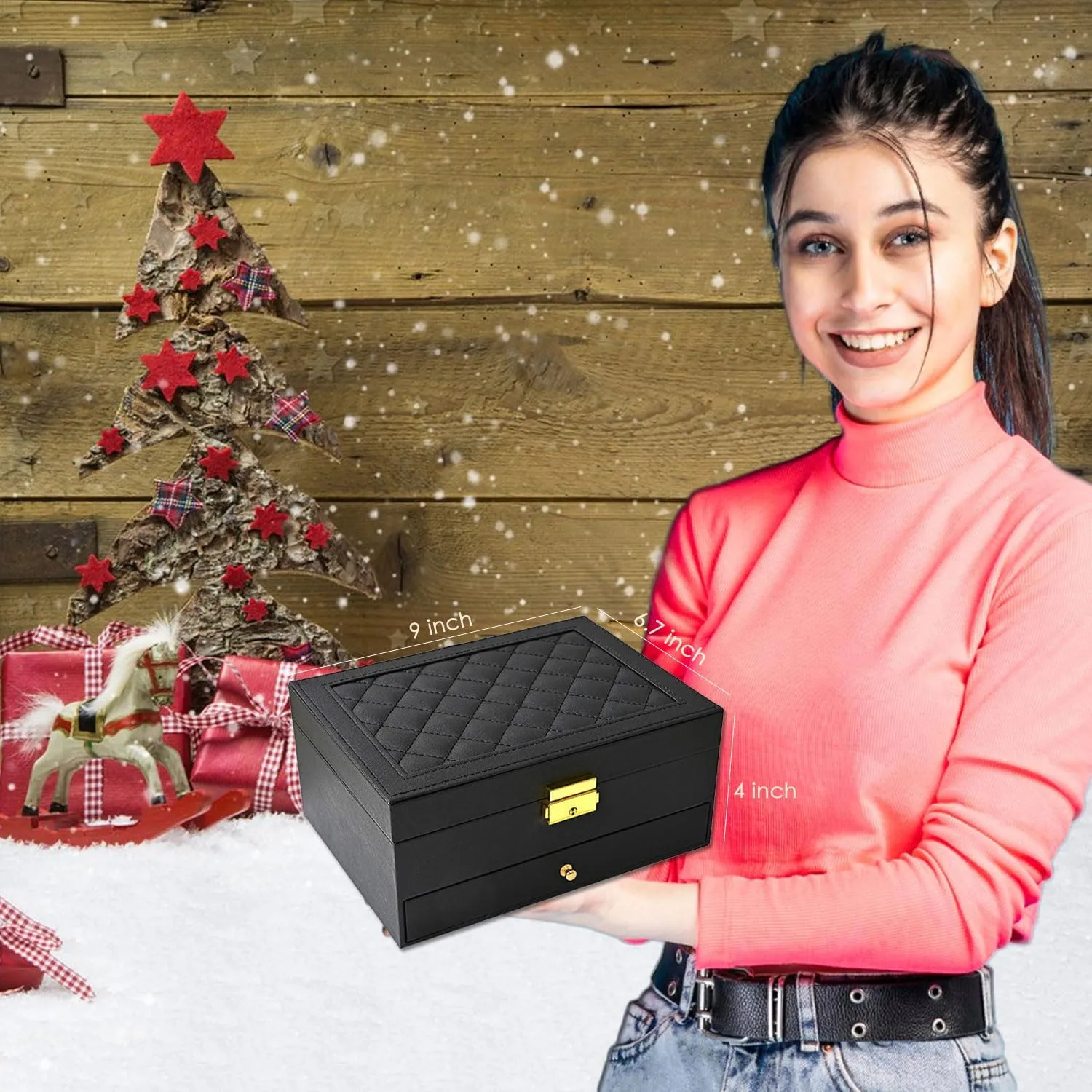 Jewelry Box for Women Girl Wife - Large PU Leather Jewelry Organizer Storage Case with Two Layers Display for Earrings Bracelets Rings Watches (Black)