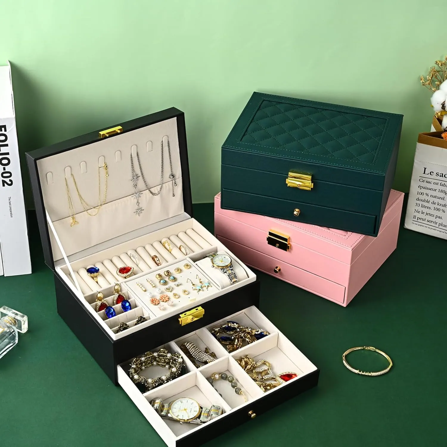 Jewelry Box for Women Girl Wife - Large PU Leather Jewelry Organizer Storage Case with Two Layers Display for Earrings Bracelets Rings Watches (Black)
