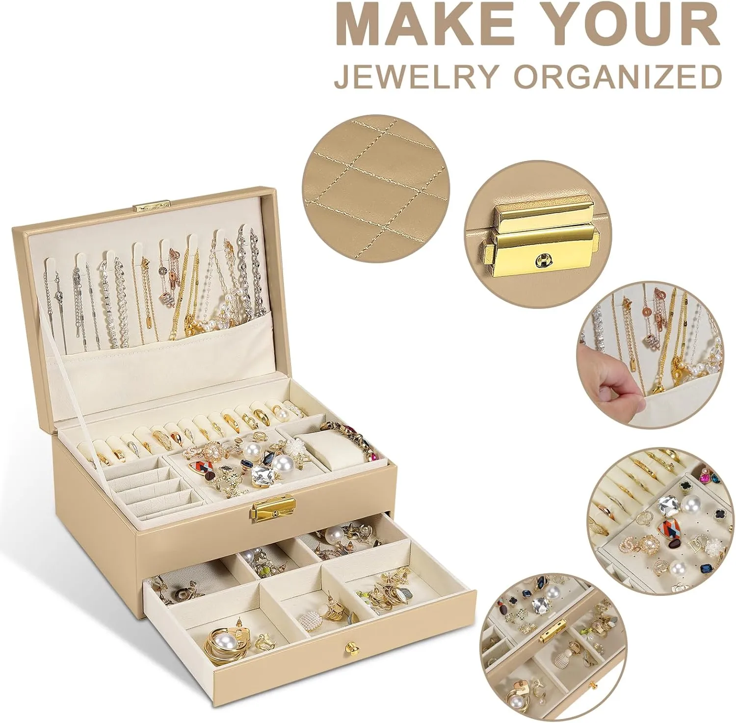 Jewelry Box for Women Girl Wife - Large PU Leather Jewelry Organizer Storage Case with Two Layers Display for Earrings Bracelets Rings Watches (Champagne)