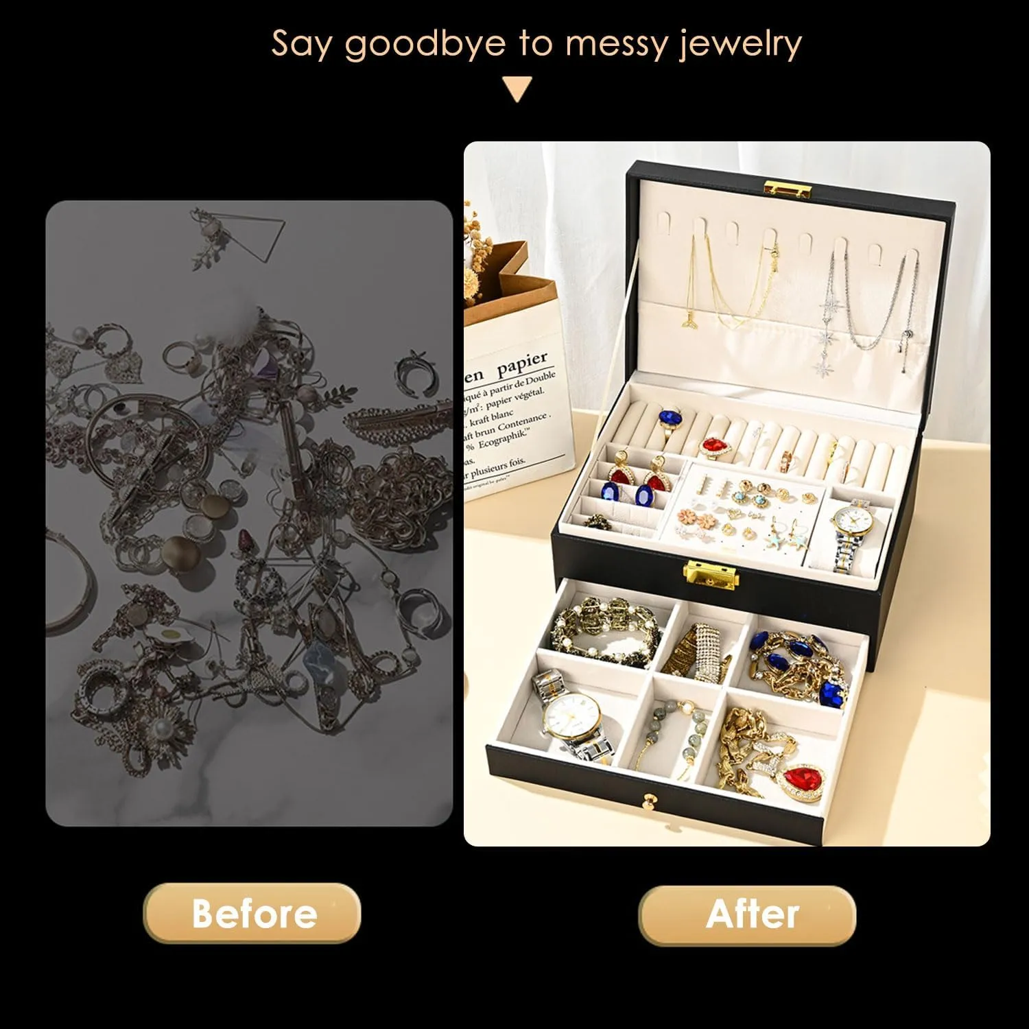 Jewelry Box for Women Girl Wife - Large PU Leather Jewelry Organizer Storage Case with Two Layers Display for Earrings Bracelets Rings Watches (Champagne)