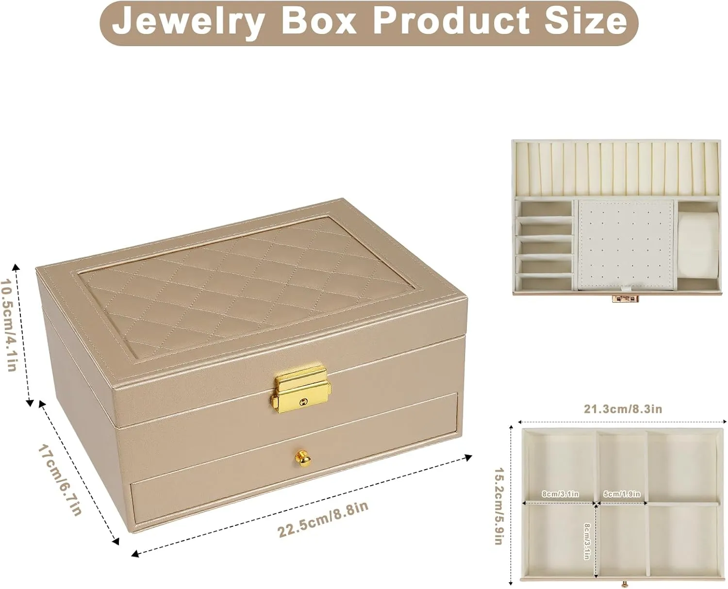 Jewelry Box for Women Girl Wife - Large PU Leather Jewelry Organizer Storage Case with Two Layers Display for Earrings Bracelets Rings Watches (Champagne)
