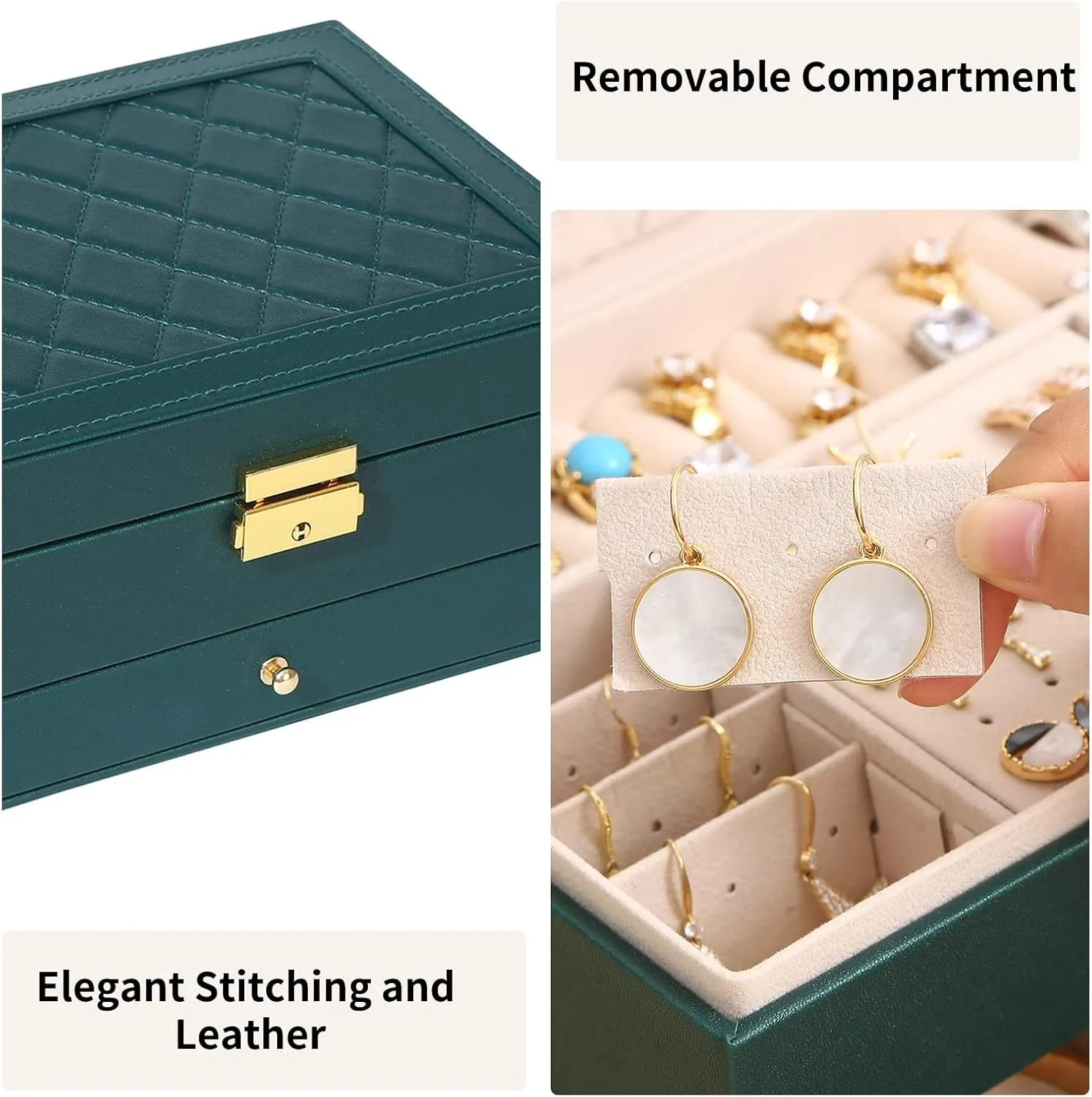Jewelry Box for Women Girl Wife - Large PU Leather Jewelry Organizer Storage Case with Two Layers Display for Earrings Bracelets Rings Watches (Green)