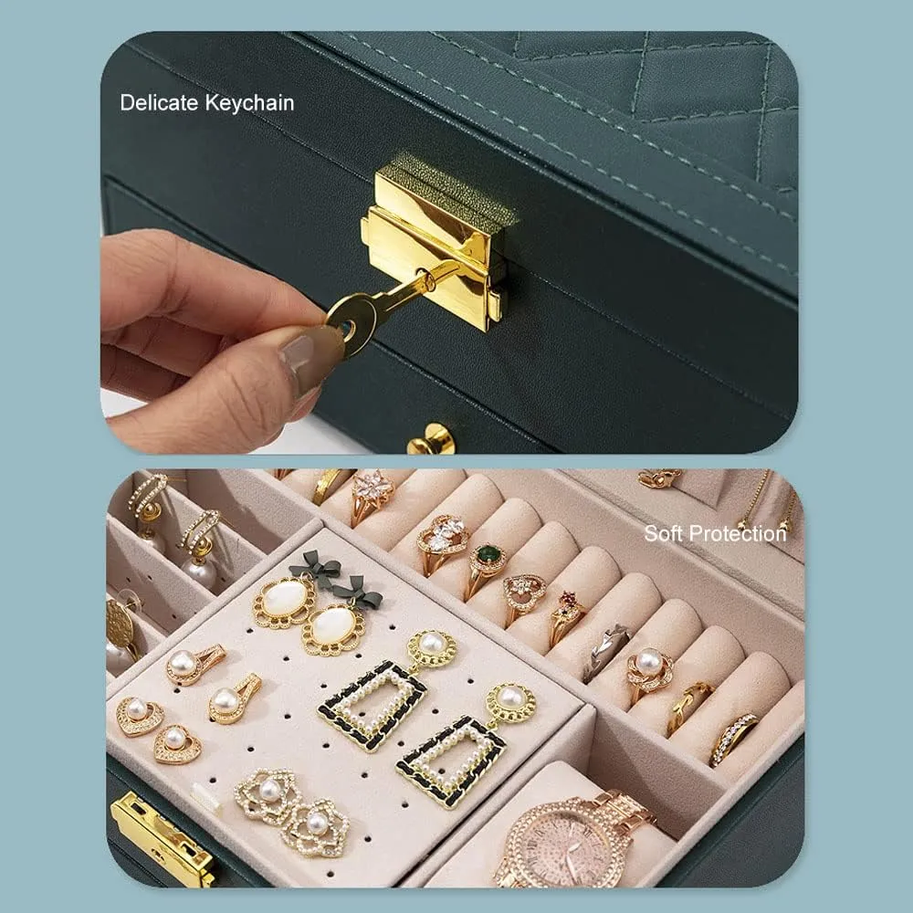 Jewelry Box for Women Girl Wife - Large PU Leather Jewelry Organizer Storage Case with Two Layers Display for Earrings Bracelets Rings Watches (Green)