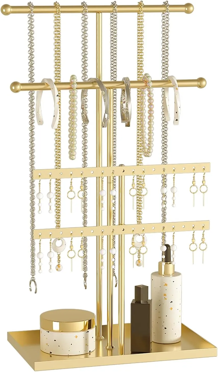 Jewelry Holder Organizer Stand, Multifunction Jewelry Tree, Jewlery Hanger for Necklaces, Bracelets, Earrings, 4 Tier necklace holder of Metal Frame (Gold)