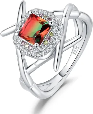 JewelryPalace Chopsticks Sushi 1.2ct Nano Simulated Watermelon Tourmaline Cocktail Rings for Women, 14k White Gold Plated 925 Sterling Silver Rings for Her, Multicolor Gemstone Jewelry Sets for Women