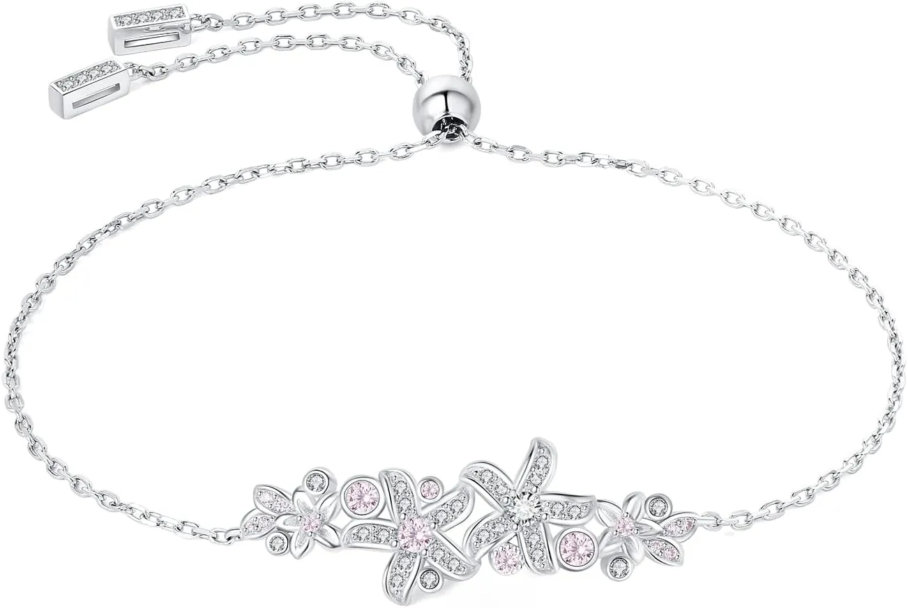 JewelryPalace Vintage Flowers Round Pink Cubic Zirconia Adjustable Link Bolo Bracelet for Women, 14k White Gold Plated 925 Sterling Silver Bracelet for Her, CZ Gemstone Jewelry Sets