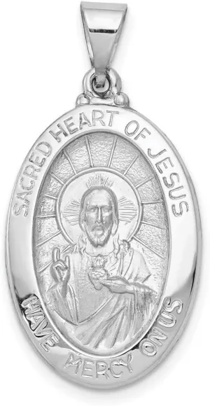 JewelryWeb 14k White Gold Hollow Polished and Satin Sacred Love Heart Of Religious Faith Inspiration Jesus Medal Pendant Necklace 27x17mm Wide-Pendant for Women
