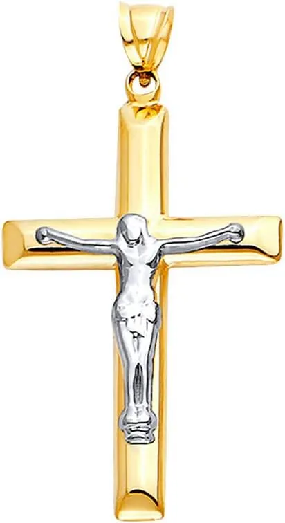 JewelryWeb 14k Yellow Gold and White Gold Hollow Religious Faith Cross With Jesus Pendant Necklace-Pendant for Women