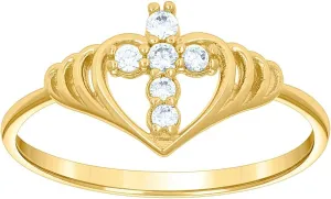 JewelryWeb 14k Yellow Womens Gold CZ Simulated Diamond Religious Faith Cross Love Heart Ring 8.7mm Long Statement-Ring for Women