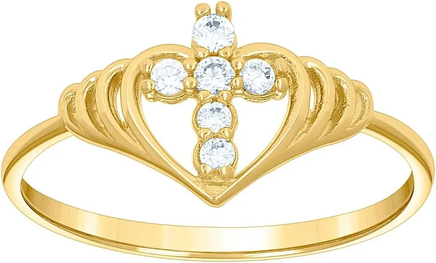 JewelryWeb 14k Yellow Womens Gold CZ Simulated Diamond Religious Faith Cross Love Heart Ring 8.7mm Long Statement-Ring for Women