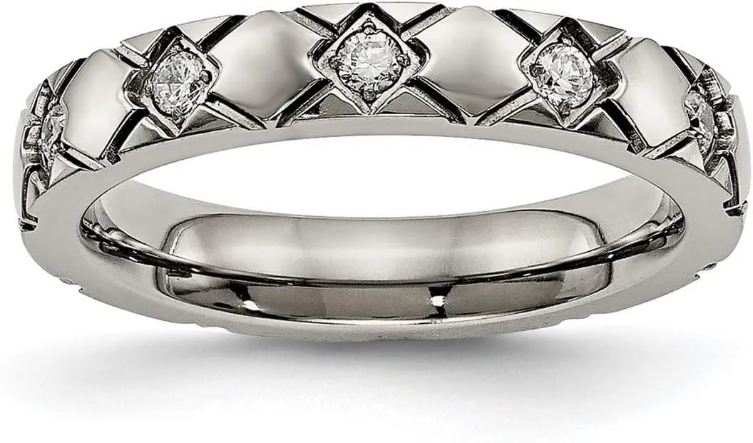JewelryWeb 4mm Titanium Polished Criss Religious Faith Cross Grooved CZ Simulated Diamond Ring Size 10.5 Band Style-Ring for Women