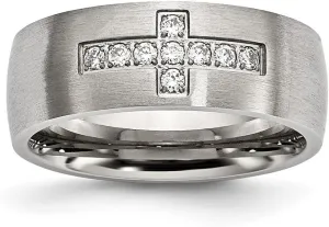 JewelryWeb 7.75mm Stainless Steel Brushed CZ Simulated Diamond Religious Faith Cross Ring Size 9 Band Style-Ring for Women