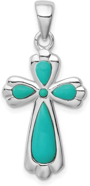 JewelryWeb 925 Sterling Silver Polished Simulated Turquoise Religious Faith Cross Pendant Necklace-Pendant for Women