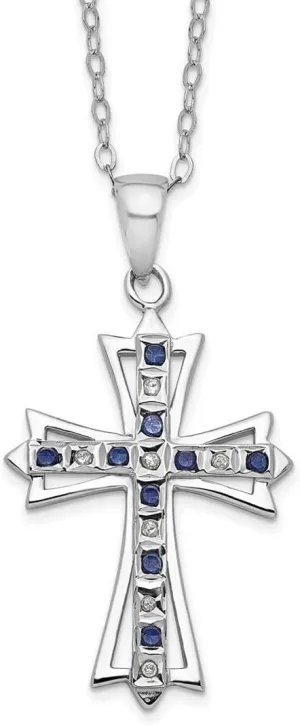 JewelryWeb 925 Sterling Silver Polished Spring-Ring and Platinum Plated Dia. and Sapphire 18inch Religious Faith Cross Necklace 19mm Wide Pendant-Necklace for Women