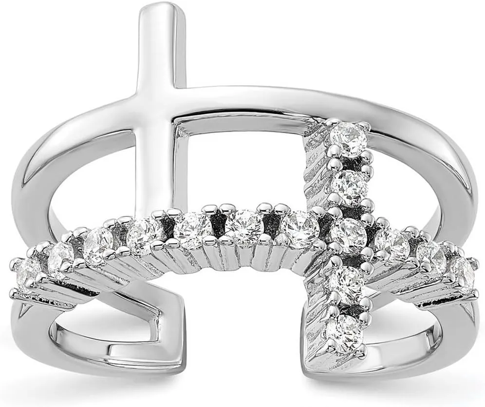 JewelryWeb 925 Sterling Silver Rhodium Plated Double Religious Faith Cross CZ Simulated Diamond Ring 16.9mm Wide Band Style-Ring for Women