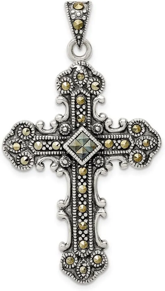 JewelryWeb 925 Sterling Silver Solid Artisan Oxidized Marcasite Religious Faith Cross Pendant Necklace 50x29mm Wide-Pendant for Women