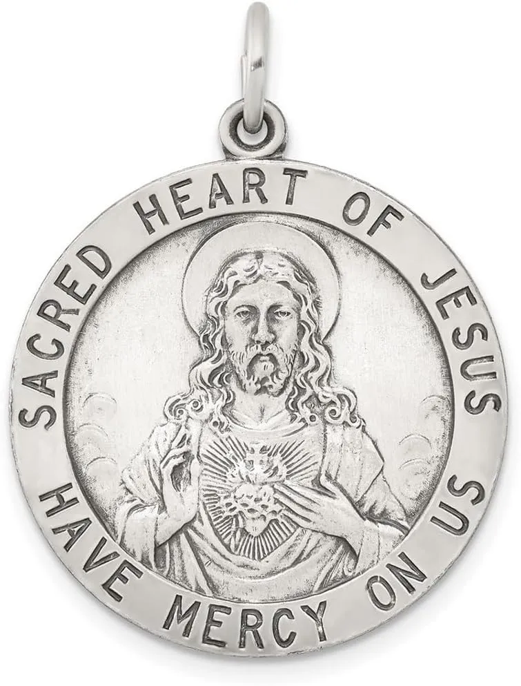 JewelryWeb 925 Sterling Silver Solid Satin Artisan Oxidized Engravable (back only) Sacred Love Heart of Religious Faith Inspiration Jesus Medal Pendant Necklace 33x25mm Wide-Pendant for Women